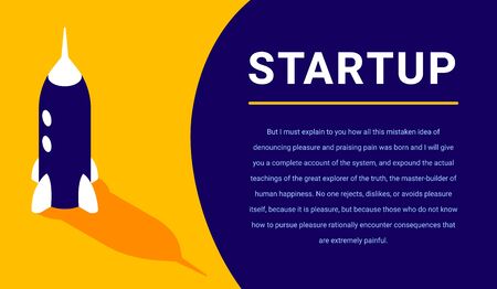 Vector business illustration of fly up spaceship with shadow and text space on color background. Flat cartoon style creative idea template design for startup web banner, poster, printのイラスト素材