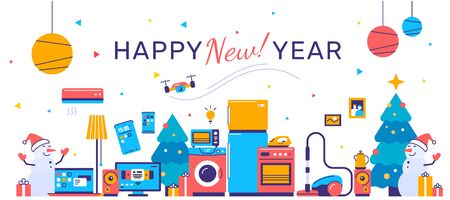 Vector illustration of set of household appliances on white background. Winter sale of home domestic electronic appliances with christmas tree and happy snowman. Flat style design for web, banner, advertising, e-mail newsletterのイラスト素材