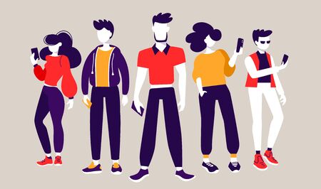 Startup teamwork communication in business. Vector creative illustration of business people with smart phone on color background. Flat style design of work people for web, site, poster, bannerのイラスト素材