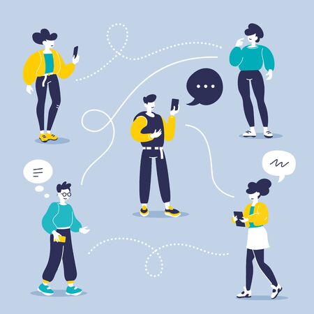 Man and woman chatting communication in messenger. Vector creative illustration of group of young people with smart phone and speech bubble on color background. Flat style design of team work people for web, site, poster, bannerのイラスト素材