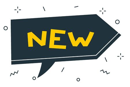 Vector cartoon illustration with geometric arrow shape bubble speech with word new on white background. Flat style creative design of template for web, site, banner, announcement, stickerのイラスト素材