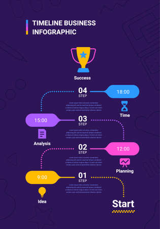 Vector business illustration of timeline infographics template with winner cup and business icon on dark background with text and number. Flat line art style infographic design of graphic element for web, site, poster, bannerのイラスト素材