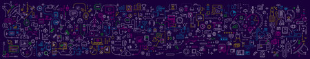 Vector abstract technology illustration of connected business icon on dark background. Line art...