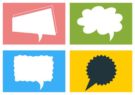 Vector set of cartoon template with geometric shape bubble speech with text space on color background. Flat style creative illustration design of communication cloud for web, site, banner, announcementのイラスト素材