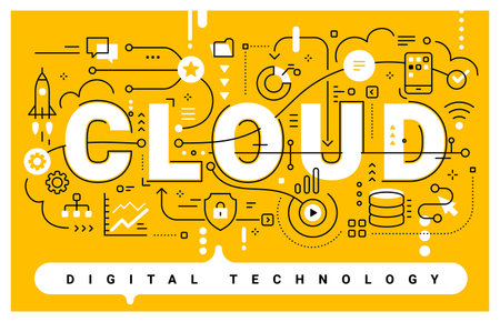 Vector abstract technology illustration of white word cloud and connected business icon on yellow...