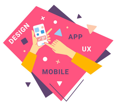 Vector creative illustration of human hand hold smart phone with tag word on color background. Flat line art style design for web, site, banner, mobile appのイラスト素材