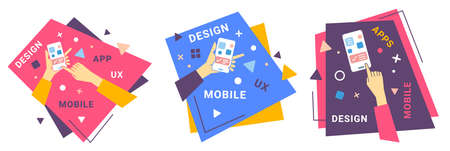 Vector set of creative illustration of human hand hold and touch smart phone with tag word on color background. Flat line art style design for web, site, banner, mobile appのイラスト素材