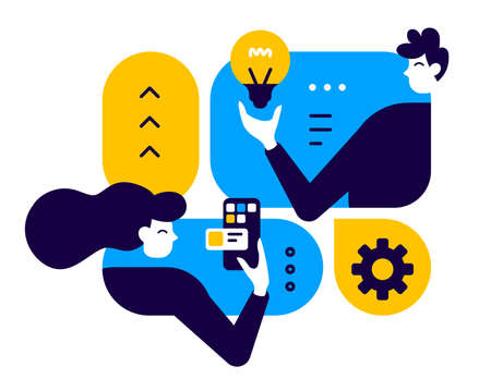 vector business concept illustration of a man with light bulb and woman with smart phone, people communicationのイラスト素材