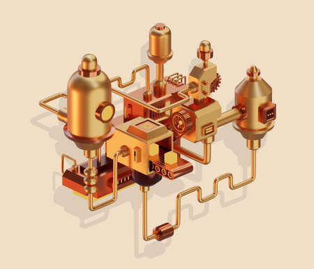 3d illustration of a golden abstract mechanism on color backgroundの写真素材