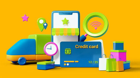 3d mobile phone with credit card and magnifier on color background, online shopping concept...