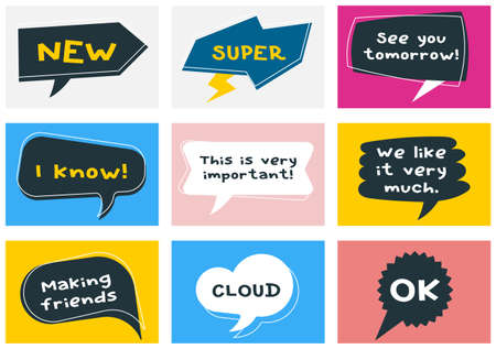 Vector set of different cartoon geometric bubble speech with text on color background. Flat style creative illustration design of communication cloudのイラスト素材