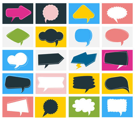 Vector big set of color cartoon geometric bubble speech with text space. Flat style creative illustration design of communication cloudのイラスト素材