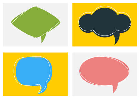 Vector set of cartoon template with geometric shape bubble speech with text space on color background. Flat style creative illustration design of communication cloudのイラスト素材