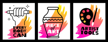Vector set of illustration of vase, paintbrush with palette and hand holding a pencil in frameのイラスト素材