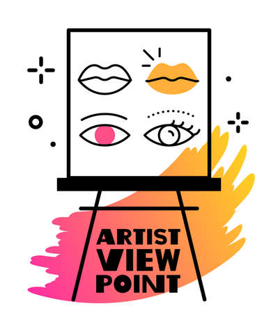 Vector illustration of a artist easel with painted lips, eyes and textのイラスト素材