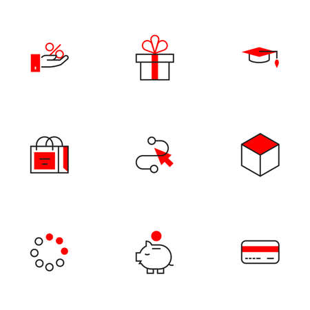 Vector set of different red business icon with present and piggy bank on white backgroundのイラスト素材