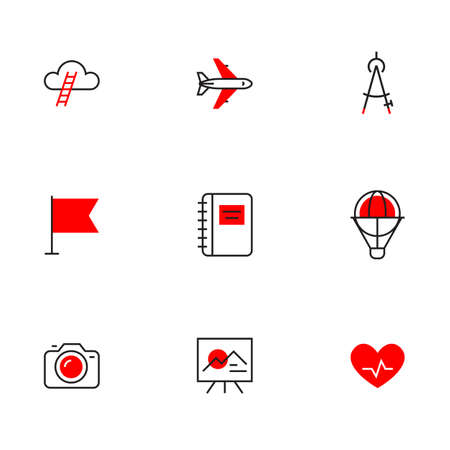 Vector set of different red business icon with air plane and camera on white backgroundのイラスト素材