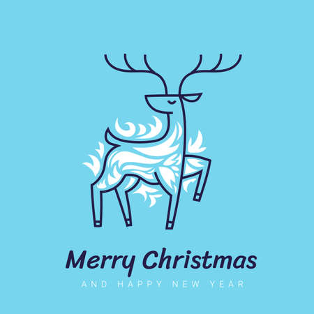 Vector line art illustration of christmas deer with decorative pattern on blue color background with textのイラスト素材