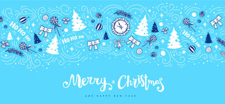 Christmas vector illustration with fir tree and holiday elements on blue color backgrounds with textのイラスト素材