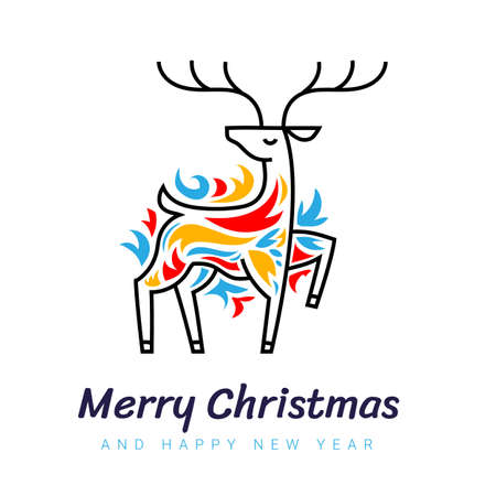 Vector line art illustration of christmas deer with bright decorative pattern on white color background with textのイラスト素材