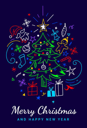 Christmas vector illustration with neon color decorated fir tree with gift box and holiday elements on dark backgrounds with textのイラスト素材