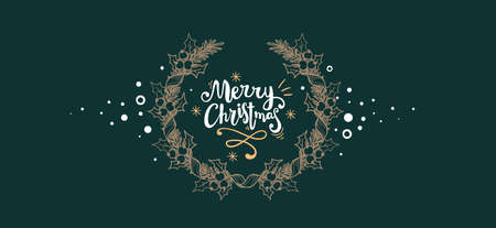 Christmas vector illustration with lettering merry christmas and holiday golden wreath on dark color backgrounds with snowのイラスト素材