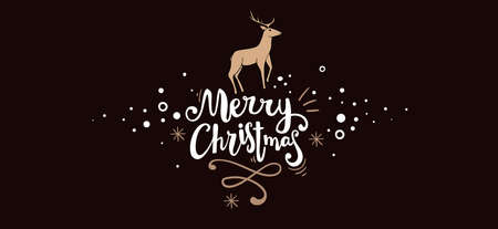 Christmas vector illustration with lettering merry christmas and golden deer on dark color backgrounds with snowのイラスト素材