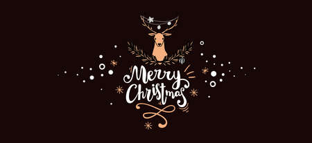 Christmas vector illustration of golden deer and lettering merry christmas on dark color backgrounds with snowのイラスト素材