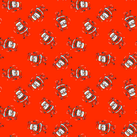 Vector christmas seamless pattern with crazy dancing santa claus on red color backgroundのイラスト素材
