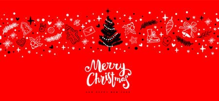 Christmas vector illustration with decorated fir tree and holiday elements on red color backgrounds with textのイラスト素材