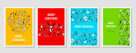 Christmas vector set of greeting card with deer and holiday elements on color backgrounds with textのイラスト素材