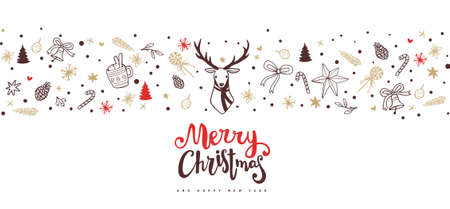 Christmas vector illustration with deer and holiday elements on white color backgrounds with textのイラスト素材