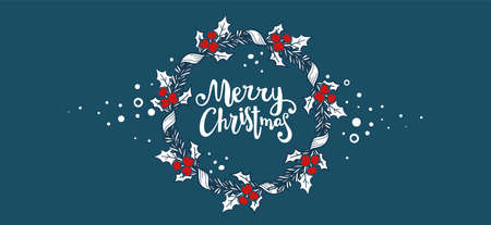 Christmas vector illustration with lettering merry christmas and holiday holly wreath on color backgrounds with snowのイラスト素材