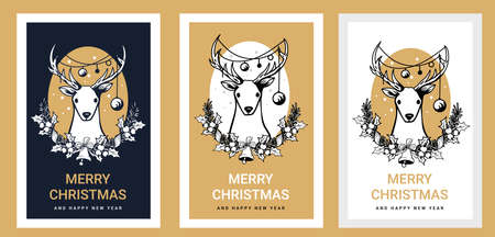 Vector set of line art illustration of Christmas Deer with decoration spruce twigs wreath with bell and holly leaves on golden color background with snow and textのイラスト素材