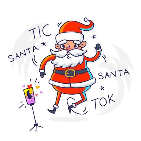 Vector christmas illustration of crazy santa claus dancing for smart phone camera on white color backgroundのイラスト素材