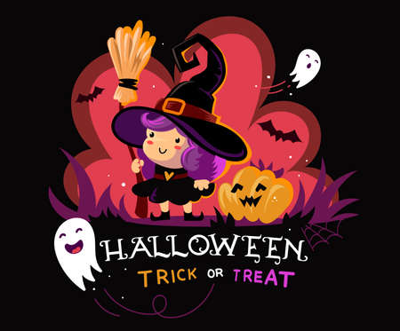 Vector halloween illustration of witch character with broom in hat and pumpkin on dark backgroundのイラスト素材