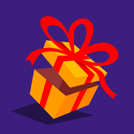 Vector illustration of open gift box with ribbon and bow on dark backgroundのイラスト素材