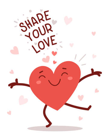Romantic flat style Valentine's Day illustration to share feeling of love. Vector red cute happy heart character with arms spread wide and smile on white background with textのイラスト素材