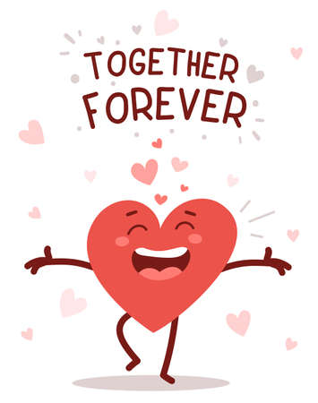 Vector red cute happy heart character with smile and arms spread wide on white background with text. Romantic flat style Valentine's Day illustration to share feeling of loveのイラスト素材