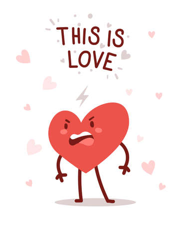 Vector red angry heart character with text on white background. Romantic flat style Valentine's Day illustration to express feelings of loveのイラスト素材