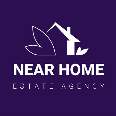 inverse color real estate Icon with house and leaf on dark background with word near homeのイラスト素材
