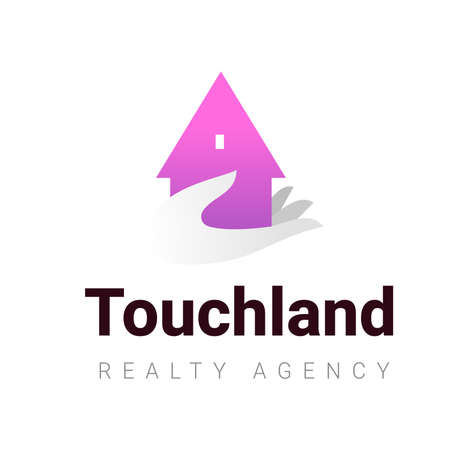 color real estate Icon with home on hand with word touch land on white backgroundのイラスト素材