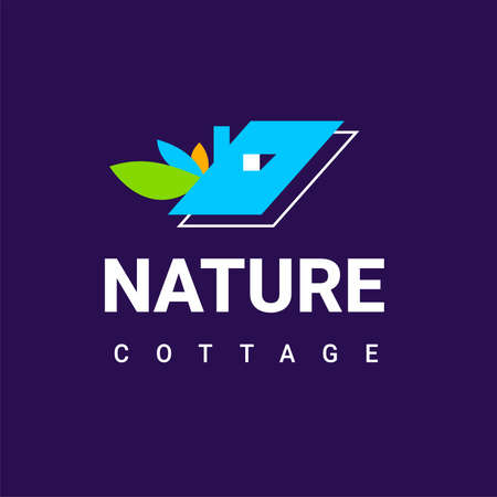 color real estate icon with roof of the house and leaf on dark background with word natureのイラスト素材