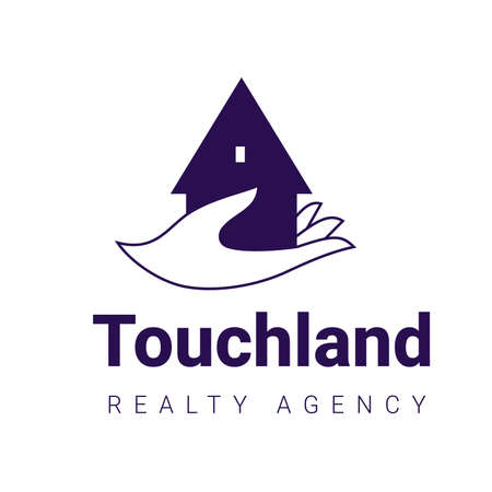 mono-color real estate icon with home on hand with word touch land on white backgroundのイラスト素材