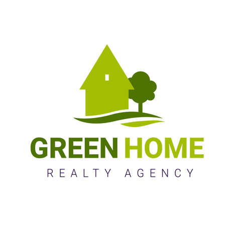 color real estate Icon with house and tree on white background with word green homeのイラスト素材