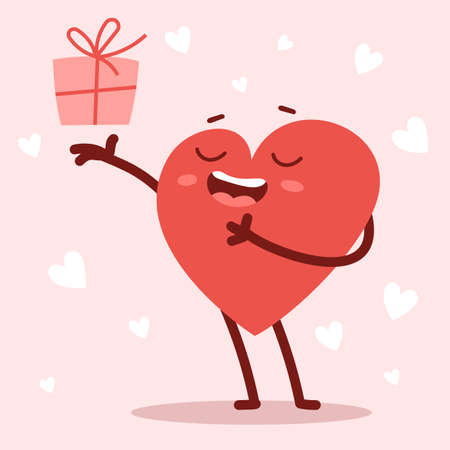 Vector red cute happy heart character giving a present with smile on pink background. Romantic flat style design Valentine's Day illustration to share feeling of loveのイラスト素材