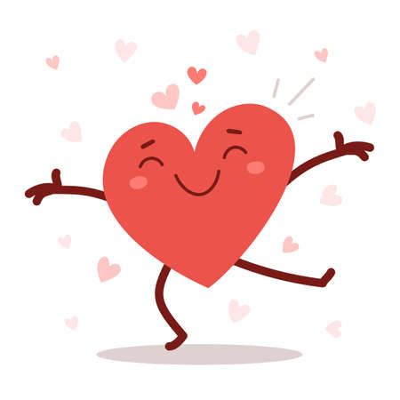 Romantic flat style Valentine's Day illustration to share feeling of love. Vector red cute happy heart character with arms spread wide and smile on white backgroundのイラスト素材