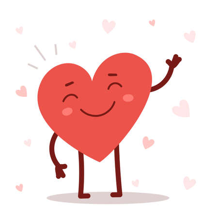 Vector red cute happy heart character with smile on white background. Romantic flat style Valentine's Day illustration to express feelings of loveのイラスト素材