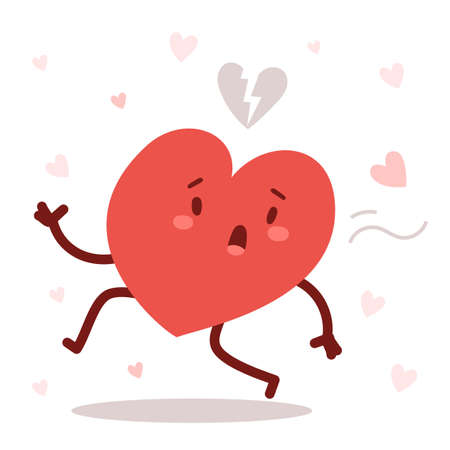 Vector running red cute heart character on pink background. Romantic flat style Valentine's Day illustration to express feelings of loveのイラスト素材