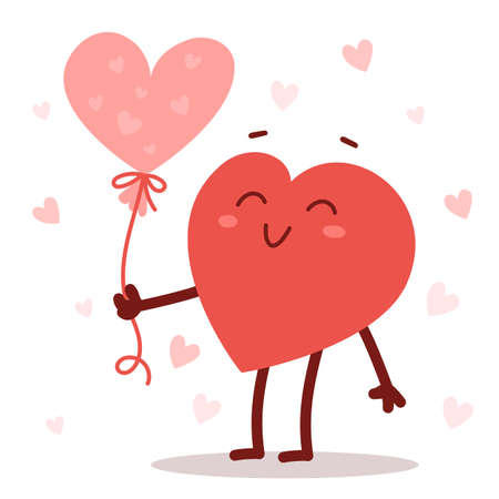 Vector red cute happy heart character holding a heart air balloon with smile on white background. Romantic flat style Valentine's Day illustration to share feeling of loveのイラスト素材